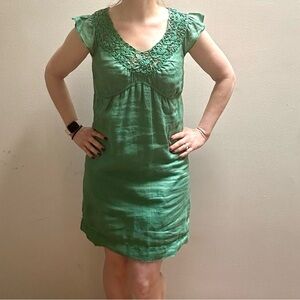 Studio M Green Linen Dress floral stitched small